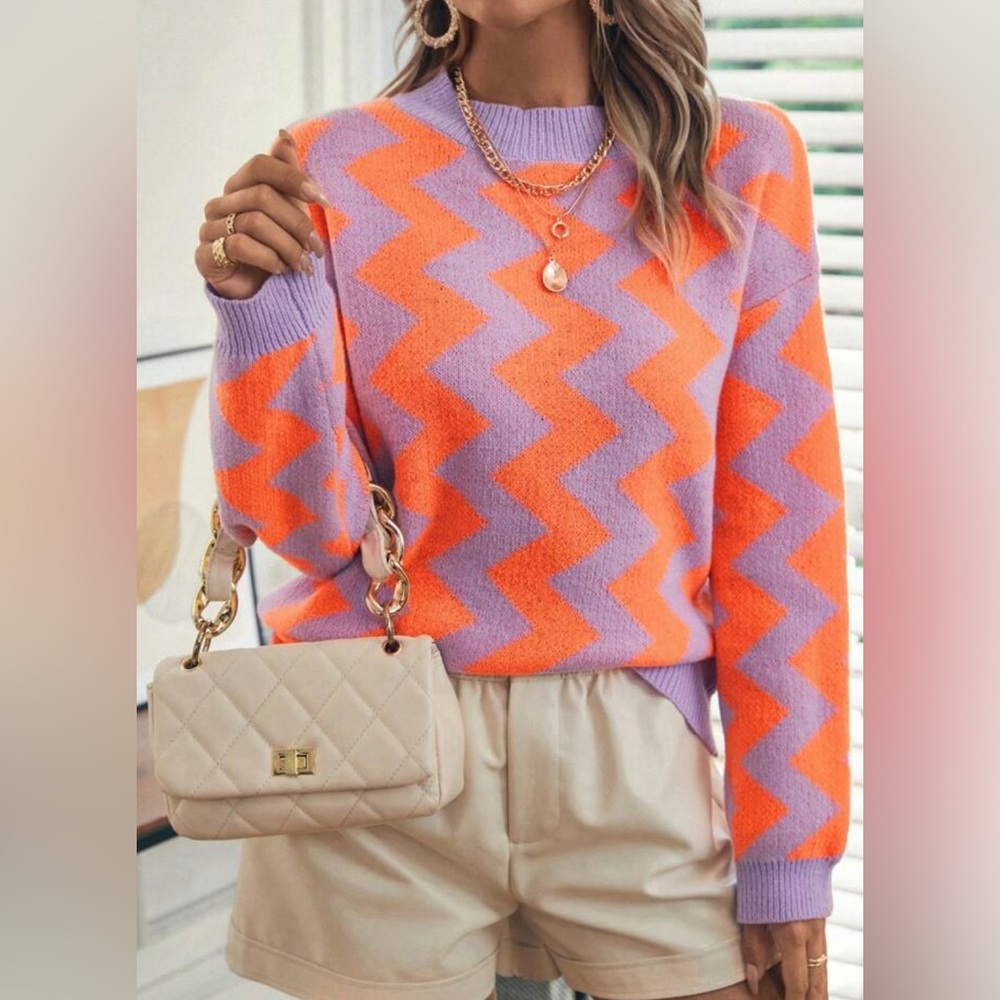 Chevron Patterned Drop Shoulder Crew Neck Sweater